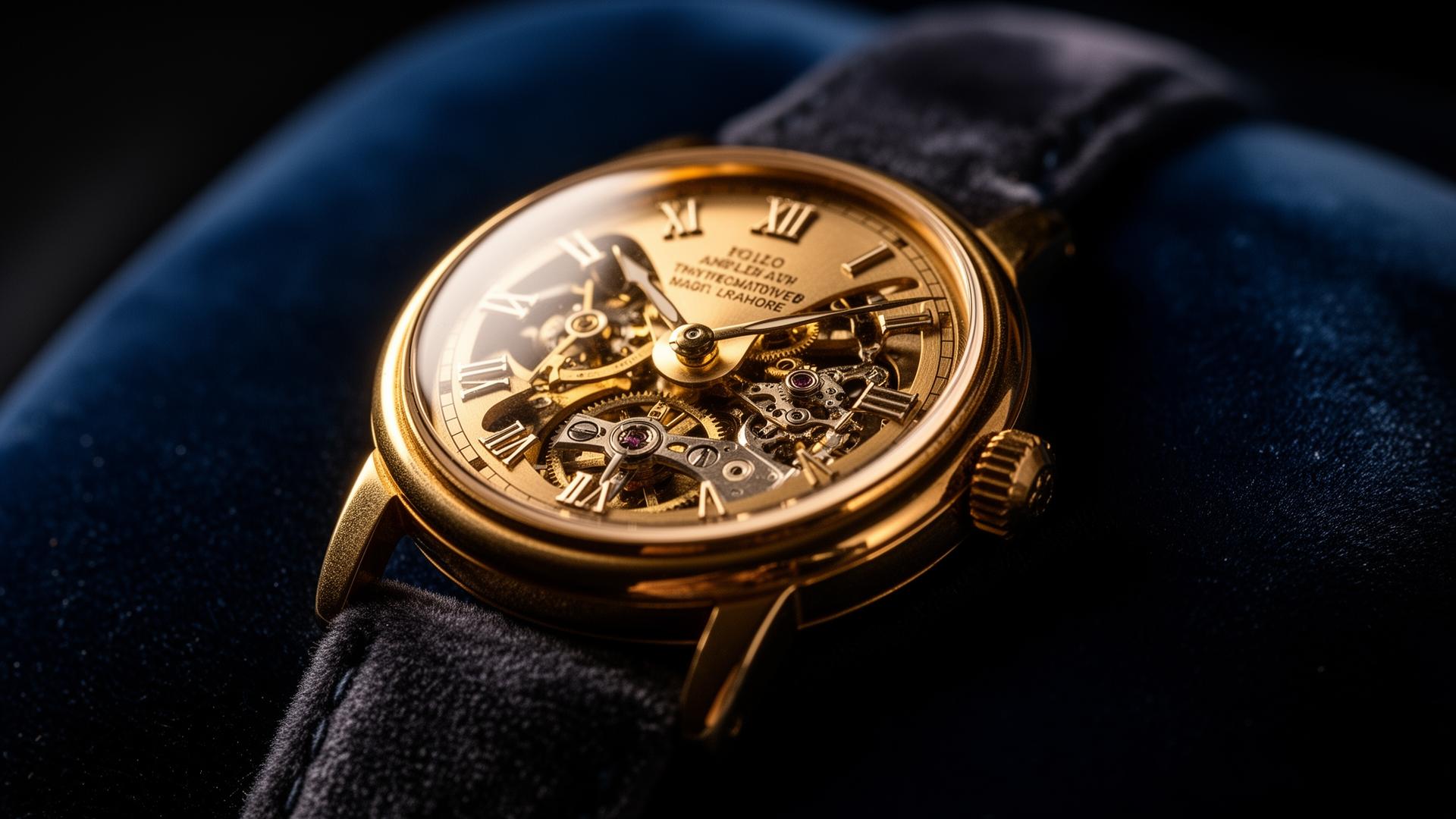 A vintage gold mechanical watch resting on deep navy velvet
