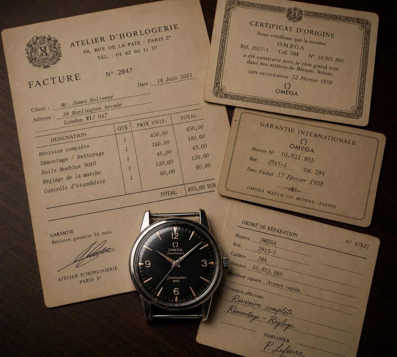 Vintage service papers, warranty cards, and an heirloom watch